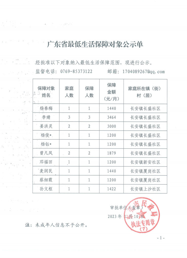 广东省最低生活保障对象公示单（2023年1月长安镇）.png