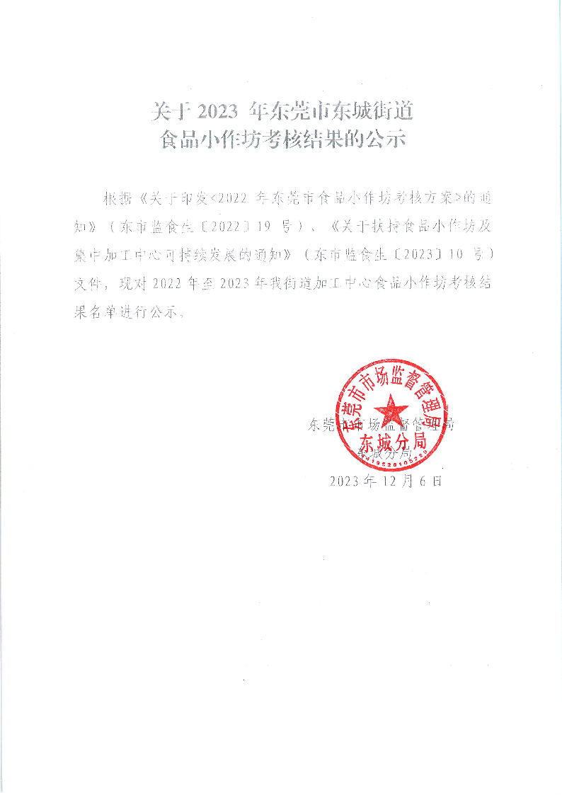 关于2023 年东莞市东城街道食品小作坊考核结果的公示_页面_1.png