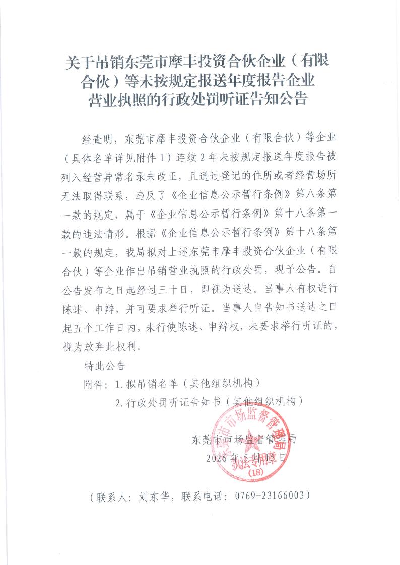 关于吊销东莞市摩丰投资合伙企业（有限合伙）等未按规定报送年度报告企业营业执照的行政处罚听证告知公告_1_01.jpg