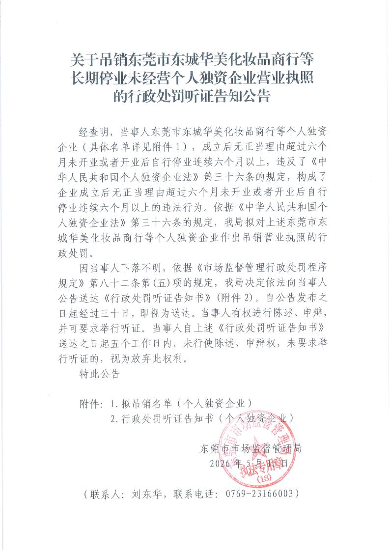 关于吊销东莞市东城华美化妆品商行等长期停业未经营个人独资企业营业执照的行政处罚听证告知公告_1_01.jpg